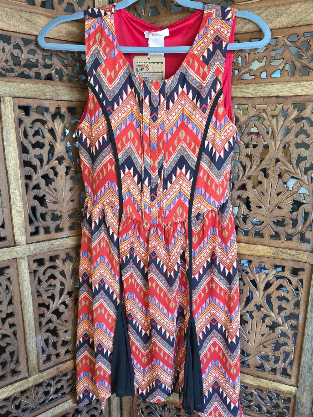 Esley Red Chevron Sleeveless Mini Dress with Black Accents